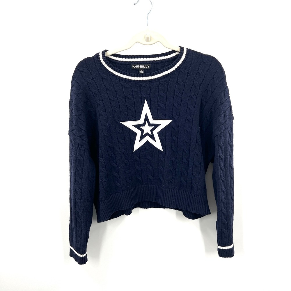 Harper & Ivy Navy Blue cable‎ Knit Star Cropped Sweater y2k preppy academia L
